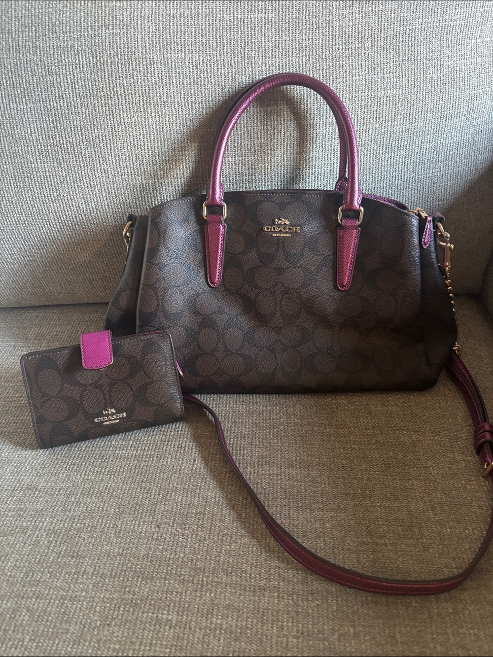 Coach Brown Signature Satchel with Plum Handles and Trim